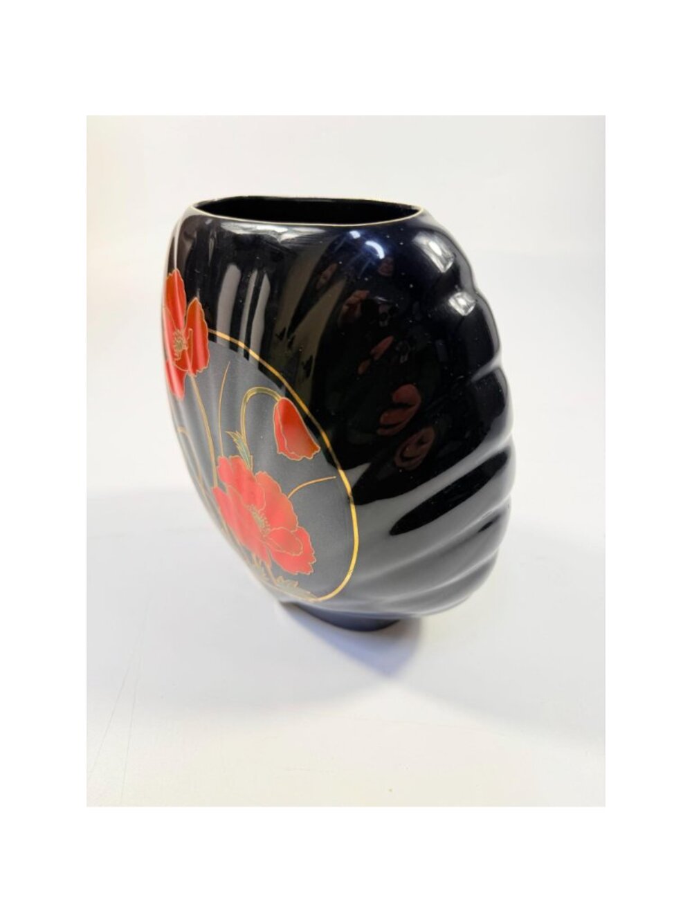 Oriental Vase Black Gloss Porcelain Red Poppies Flowers Poppy Fine China Japan 8 - Picture 12 of 16